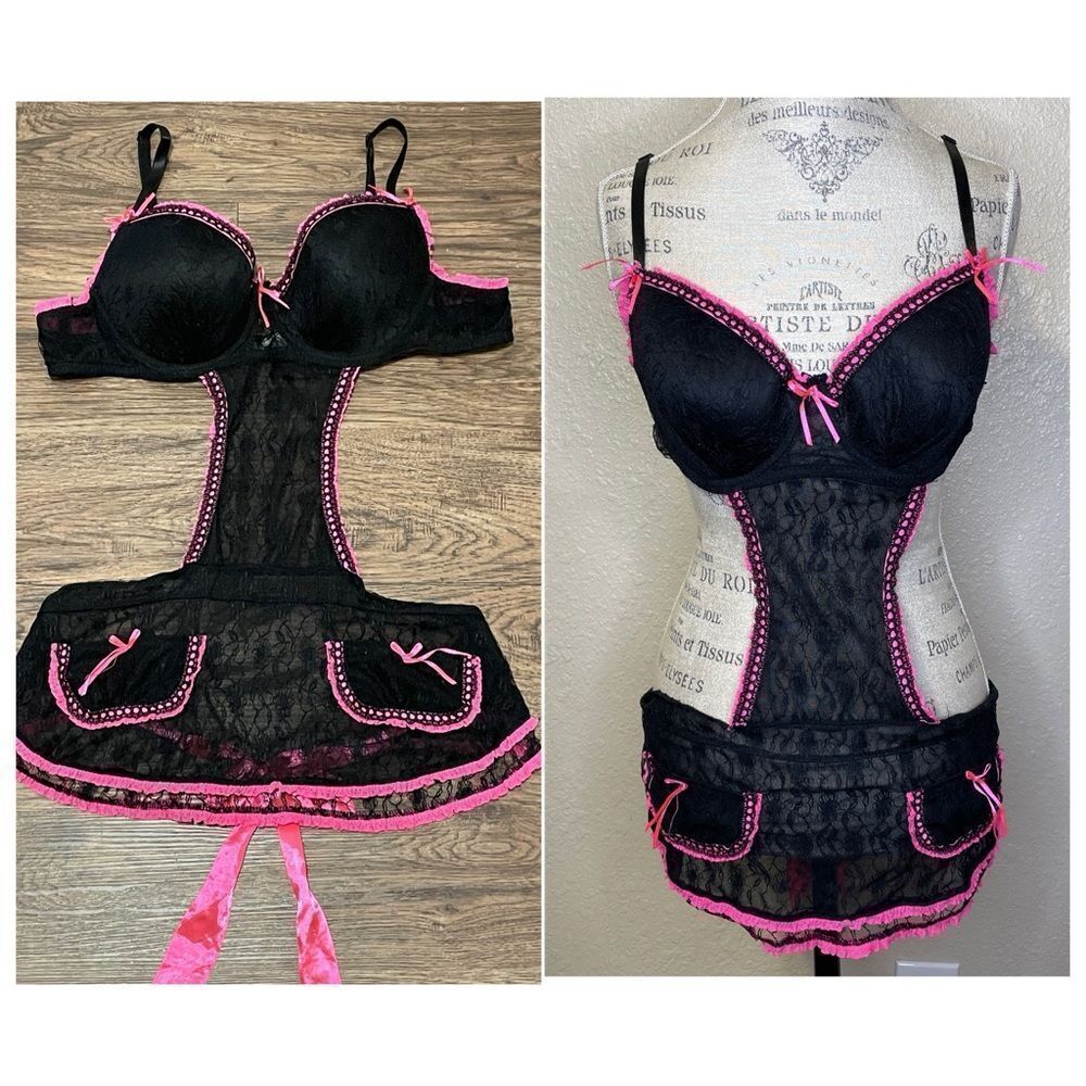 Just sexy Lingerie Ruffled Maids Lingerie Black and Pink Lace Size 2X
